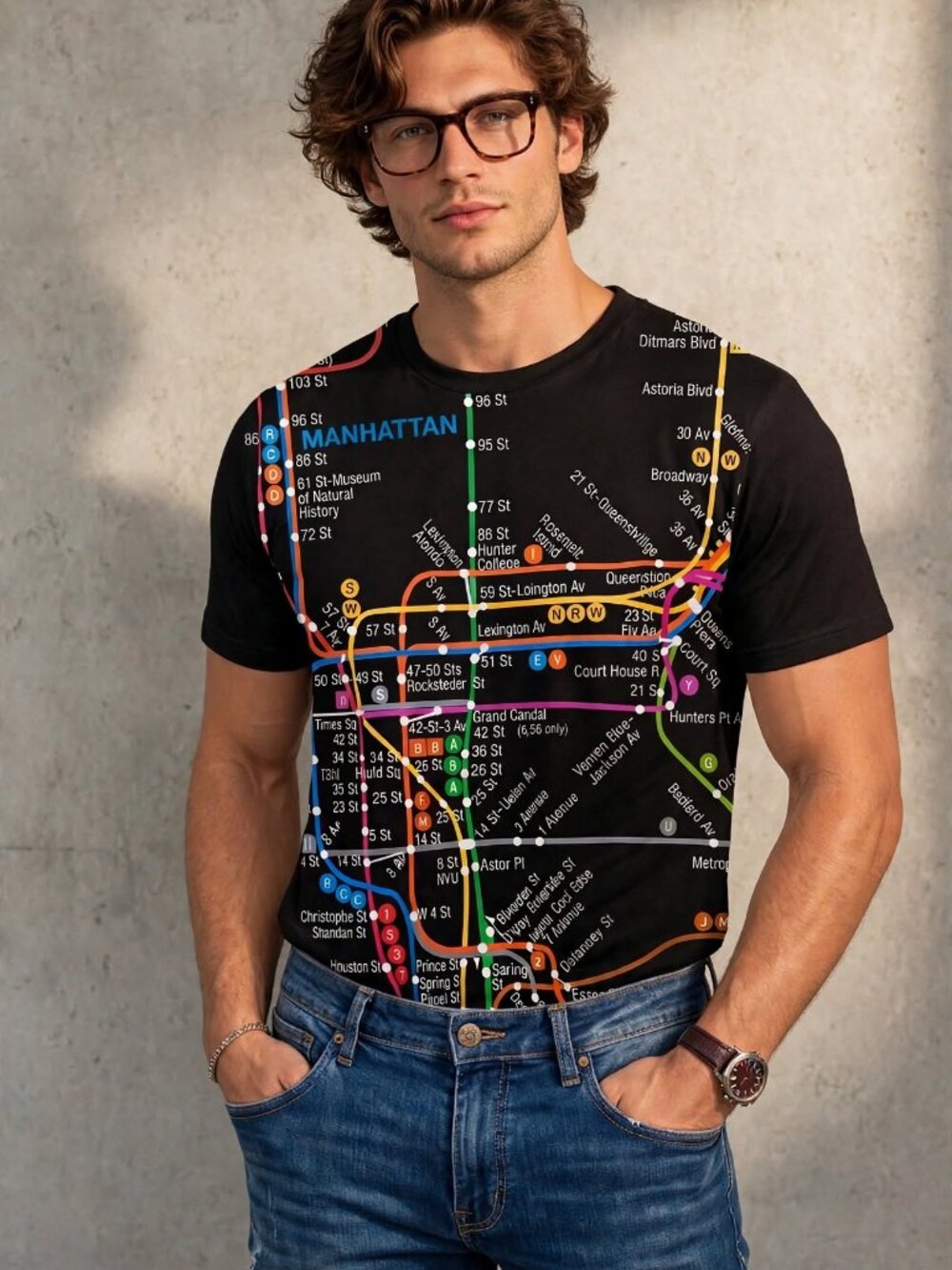 Manhattan  NYC Subway Line Black T-shirt Mens/Unisex Sz Large